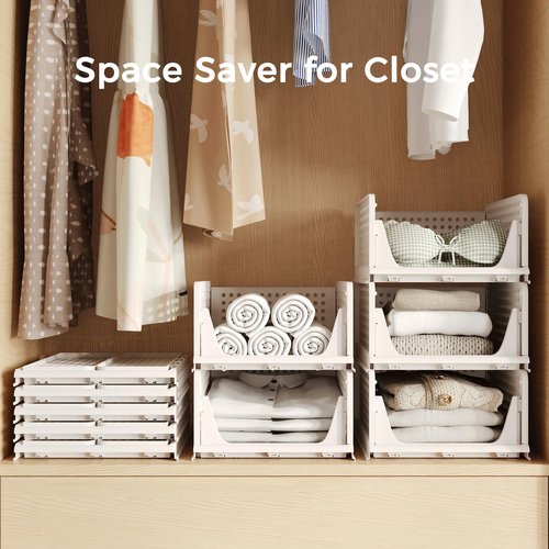 Pinkpum Stackable Plastic Storage Basket, Foldable Closet Organizers and Storage Bins 4 Pack Drawer Shelf Storage Container for Wardrobe Kitchen Bathroom Office Dorm Off White