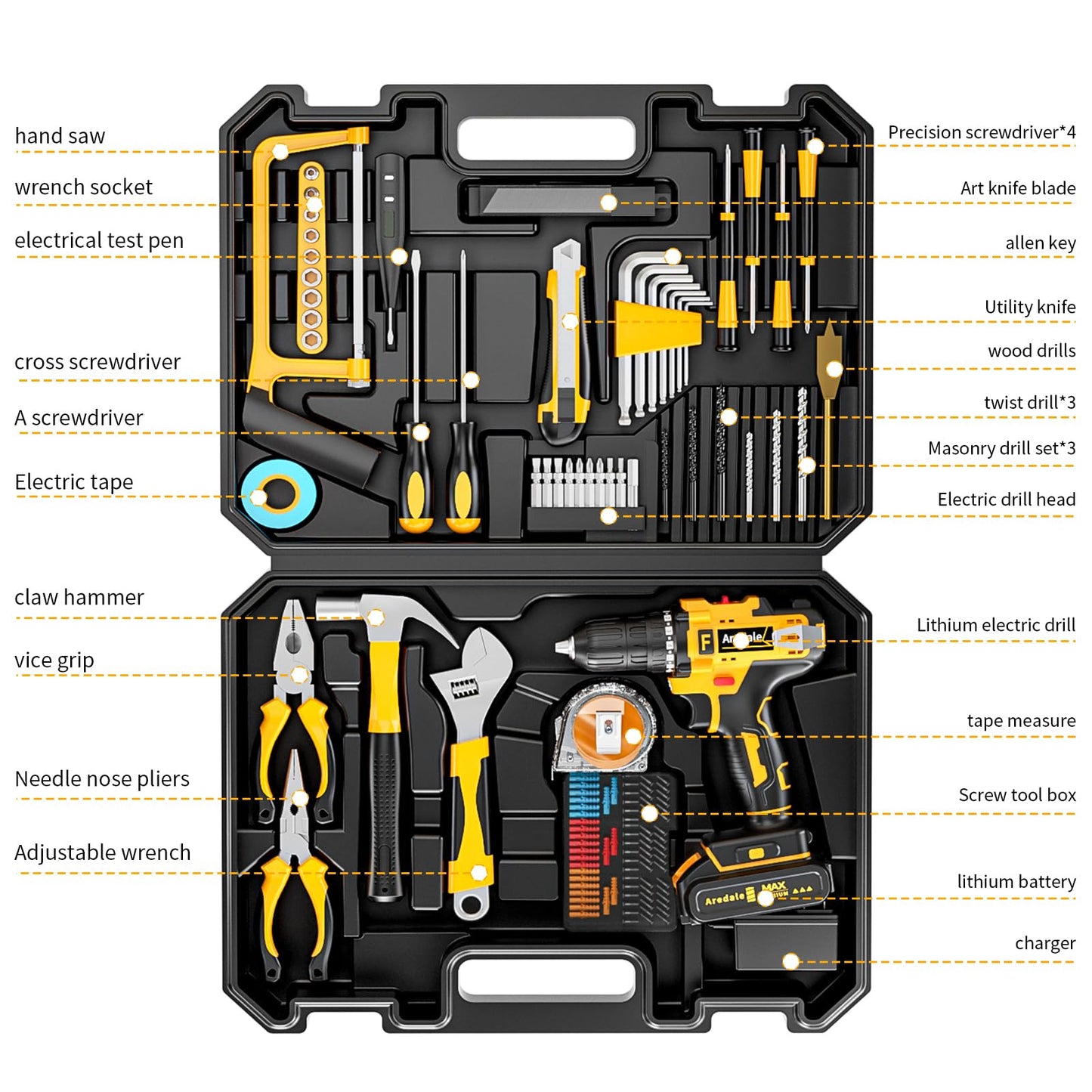 117-Piece Tool Kit with 20V Cordless Drill Mechanic Tool Set for Home & Auto Repair Toolbox Storage Case Perfect for Men, DIYers, Handymen