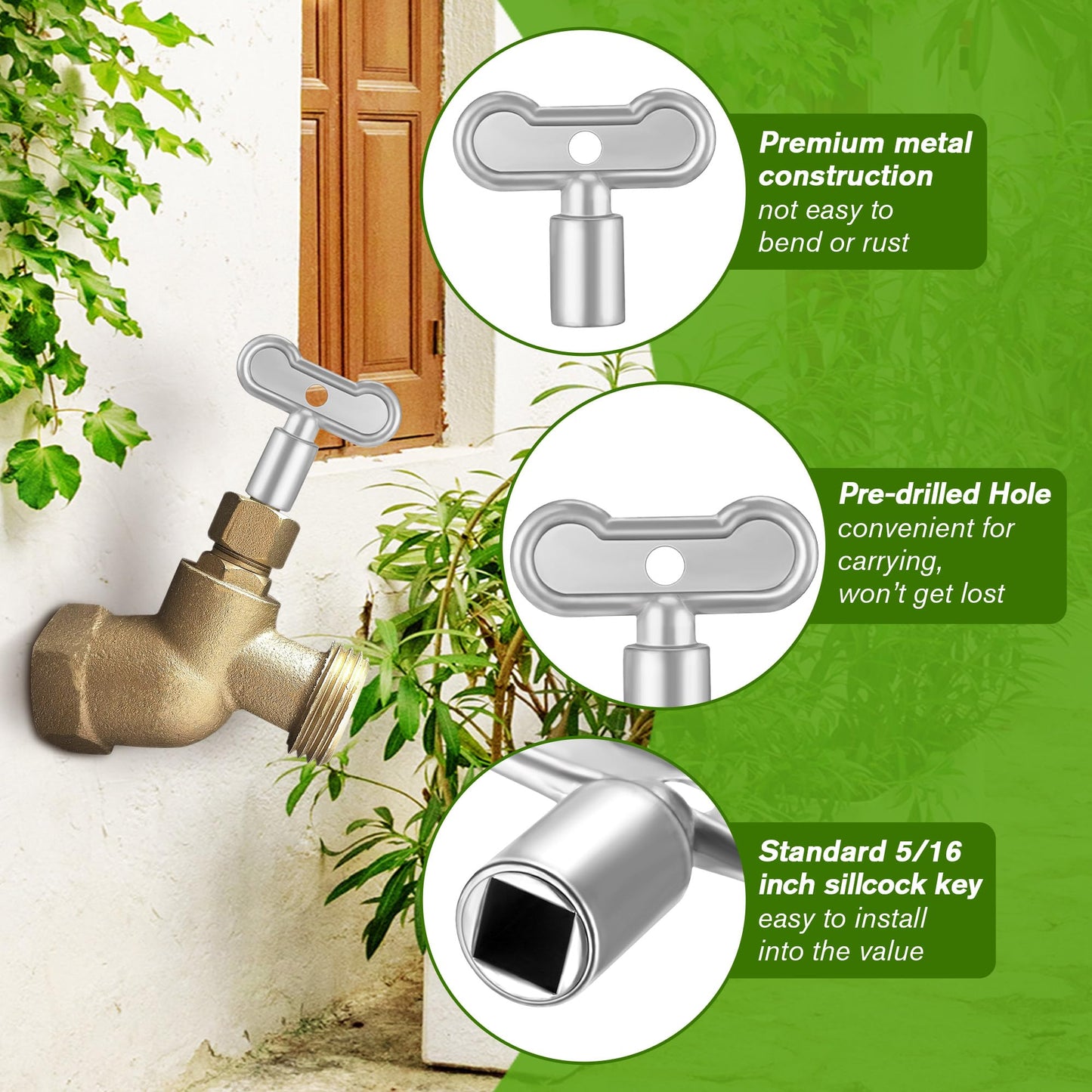 Enhon 6 Pack 5/16 in Sillcock Water Key Compatible with Danco 80132, Water Spigot Key, Square Stem Outdoor Faucet Handle Fits 8x8mm Square Broach Shut Off Valve (Silver)