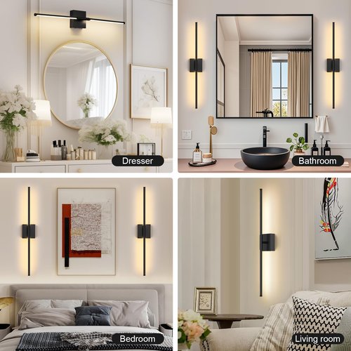 JZEKVN Battery Operated Wall Sconce Set of Two with Remote Control, 3000K-6000K Dimmable Black Wall Lights, Timable LED Wireless Wall Sconces, 350° Ratate for Bathroom, Living Room, Hallway 29.1 Inch