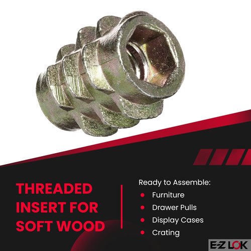 E-Z LOK Knife Threaded Insert for Soft Wood, Zinc Hex-Flush Thread Inserts 10-24 Internal Threads, 0.512" Length Pack of 50