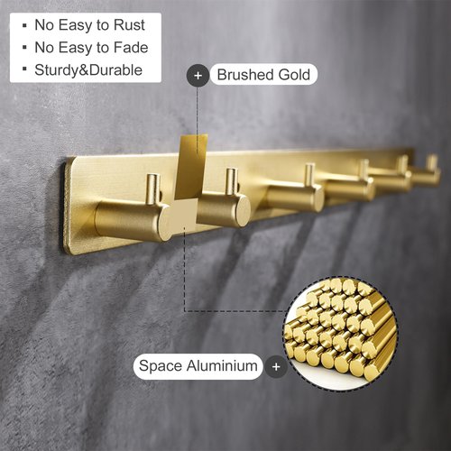 WNEBATH Gold Wall Hooks, Brushed Gold Bathroom Hook Rail, Self Adhesive 6 Hooks Key Hook Rack Hanger Towel Robe Stick Hooks for Toilet Entryway Hallway Kitchen Wall Mounted