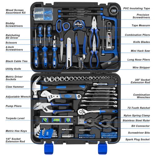 Prostormer 259-Piece Tool Kit, General Household Hand Tool Set with Plastic Storage Toolbox, Portable Complete Repair Tool Box for Home and Car (Blue)