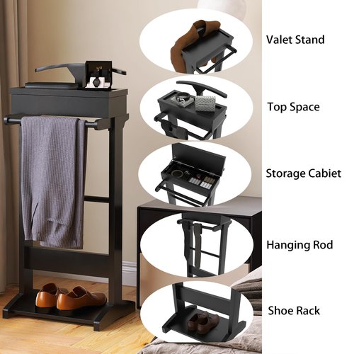 RELAHOGAR Wooden Valet Stand for Men, Clothing Valet Stand with Tray Organizer, shoe shelf and Hanging Suit, Freestanding Portable Coat Rack for Entryway, Bedroom, Office