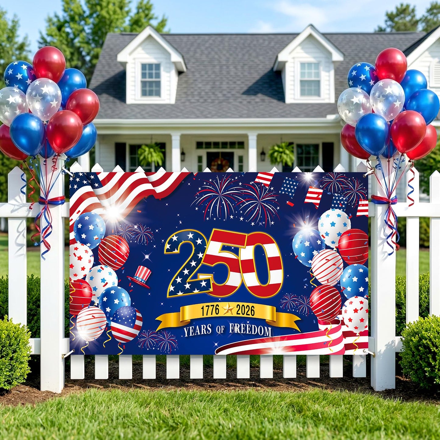 250th Anniversary American Backdrop, 4th of July Party Decorations,1776-2026 250th Birthday Fabric Banner with Grommets, Independence Day Decorations for Outdoor, Indoor, Yard, Garden, Porch
