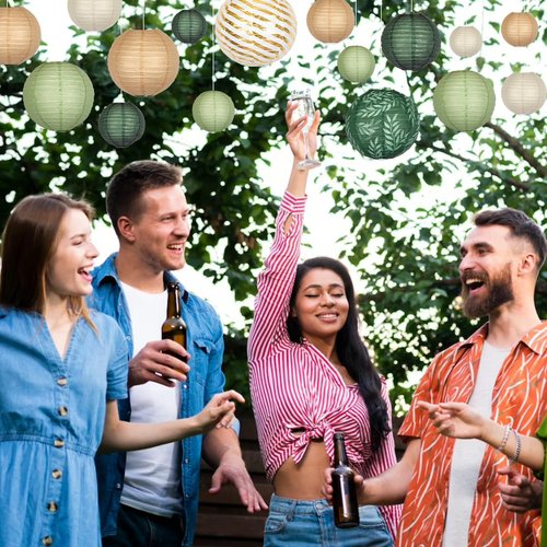 Round Chinese Paper Lanterns Decorative 16pcs Sage Green Brown Hanging Paper Lantern for Graduation, Birthday, Wedding, Jungle Theme Baby Shower Party Decorations