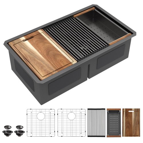 Fulorni 36"x19" Undermount Double Bowl Kitchen Sink Workstation - Gunmetal Black NANO-PVD, 16 Gauge 304 Stainless Steel, Under Counter Low Divide 50/50 Split Basin for Kitchen