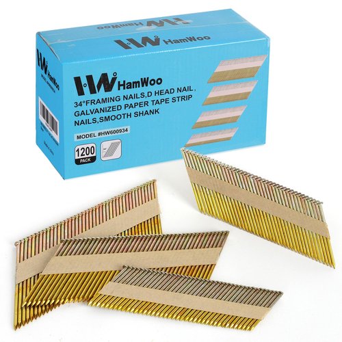 HW HAMWOO 34°Framing Nails,D Head Nail Pack,1200-Pack (2"- 240Pcs,2-1/2"- 320Pcs,3"- 320Pcs, 3-1/2"- 320Pcs),Galvanized Paper Tape Strip Nails,Smooth Shank,for 30 to 34 Degree Framing Nailer