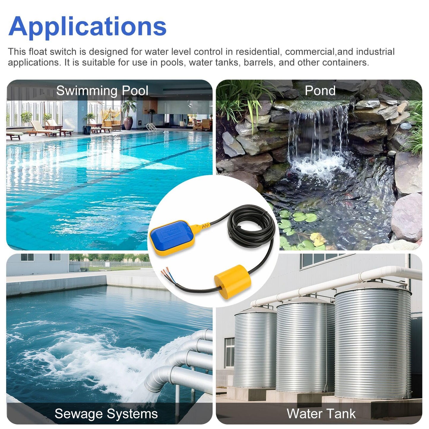 Baomain 4M 13ft Cable Float Switch, Water Level Controller, for Tank Pump, Water Tank or Sewage System On Auto Pilot, with Counterweight