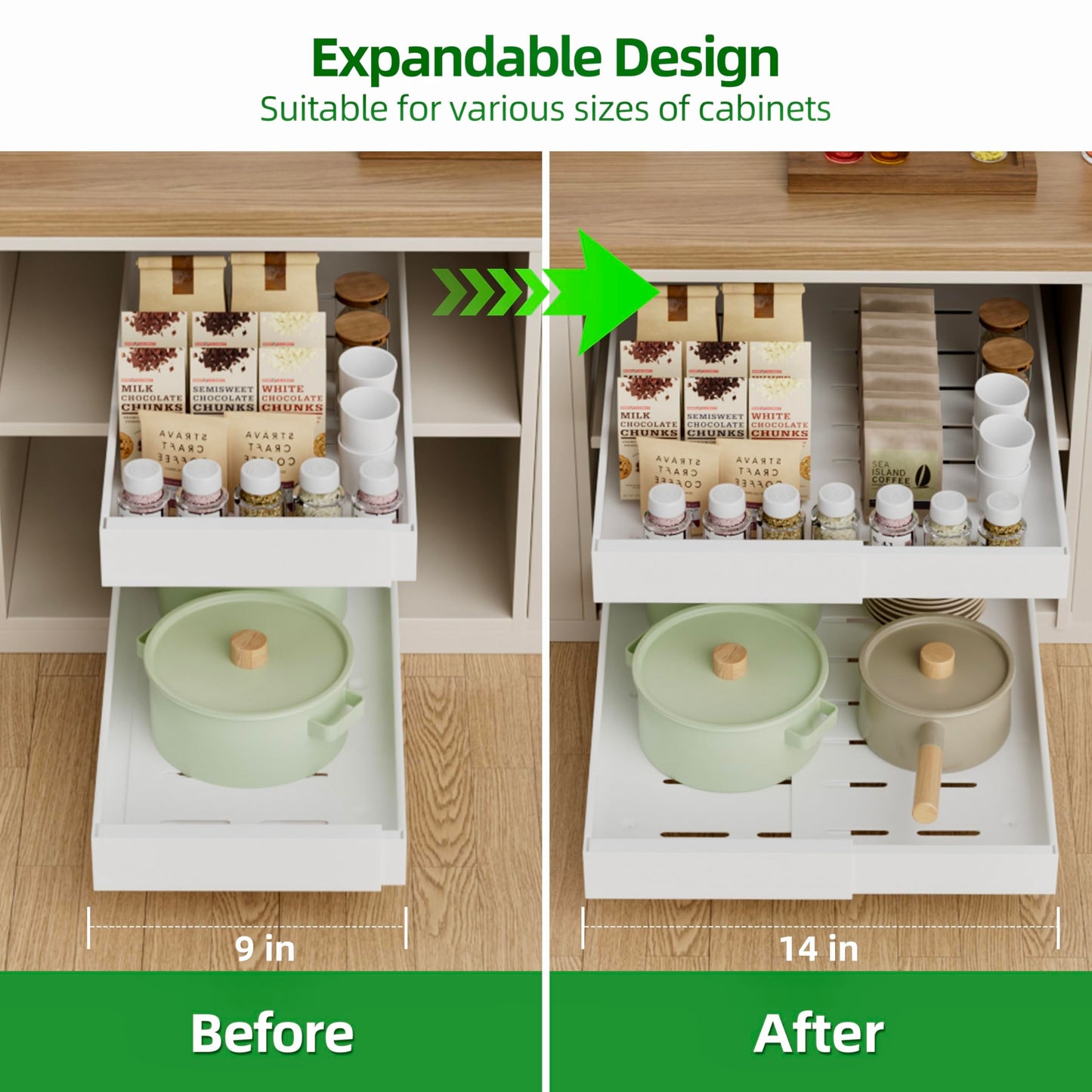 PAKETA 4 Pack Expandable Pull Out Cabinet Organizer, 21'' Deep Pull Out Drawers for Cabinet, Upgrade 3 Slide Rails Sliding Drawers for Cabinets with Adhesive Nano Film (White, 21"D X 9-14"W)