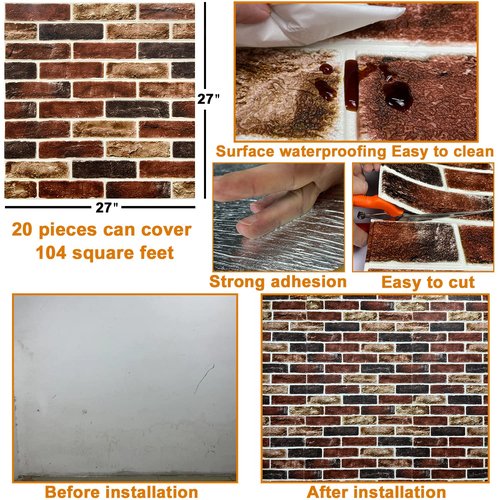 20-Pack 104 Sq.Ft 3D Wall Panels Peel and Stick 3D Faux Brick Wallpaper Peel and Stick Red Brown Faux Stone Wall Panel Foam Brick Self-Adhesive 3D Wallpaper