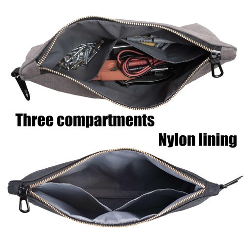 VIDAR TOOLS Premium Tool Pouch Zipper Bag, Small Tool Bag.Heavy Duty Canvas surface layer and Nylon lining.Metal Hook,Three internal compartments.3 pack,12"L x 7"W x 2"H.