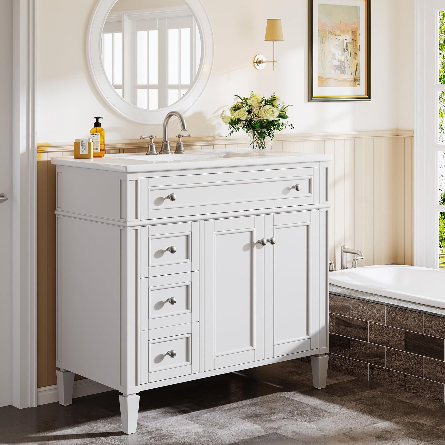 Tribesigns 36" Bathroom Vanity with Sink, Modern Bathroom Sink Cabinet with 4 Drawers & 2 Doors, Bath Storage Vanity Sink with Metal Handles, Solid Wood Frame, Paint Surface White