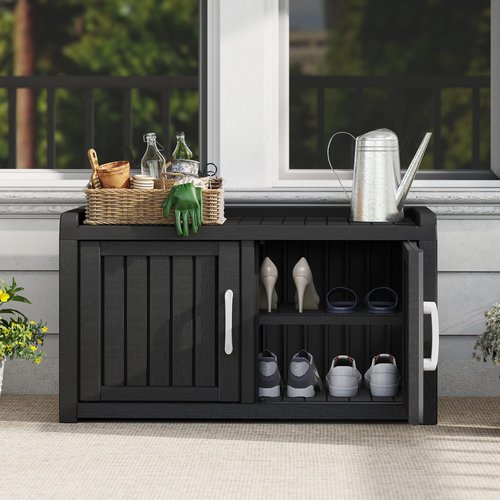 KAMABOKO Outdoor Shoe Storage Cabinet, Waterproof UV-Resistant Entryway Storage Bench Indoor Outdoor with 2 Barn Doors, Adjustable Shelves for Entryway, Bedroom, Hallway,Living Room(Black)