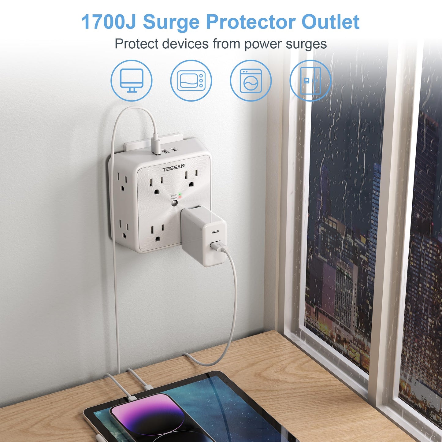 Surge Protector 8 Outlet Extender, TESSAN Multi Outlet Splitter with 3 USB Wall Charger (1 USB C), 3-Sided Multiple Plug Power Strip 1700J, Charging Station for Home Office Dorm Room Essentials