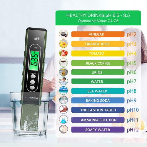 VIVOSUN PH Meter Digital PH Tester Pen 0.01 High Accuracy Water Quality Tester with 0-14 PH Measurement Range for Household Drinking, Pool and Aquarium, with ATC, Army Green