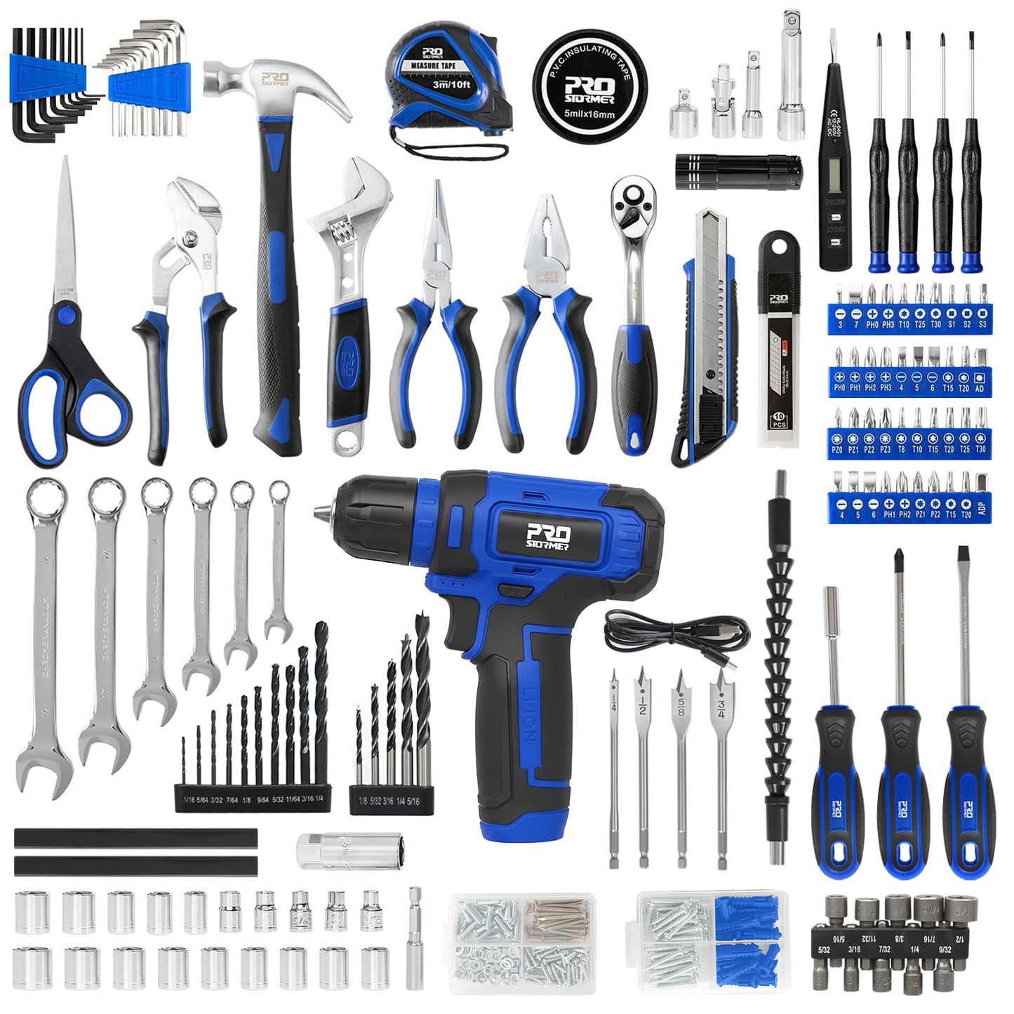 Prostormer Tool Set with 8V Cordless Drill, 369-Piece Home Tool Kit with Drill Driver, Toolbox Storage Case with Drawer, General Household Tools for Home Repairs and DIY, Handyman (Blue)