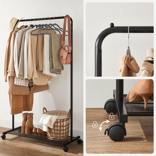 SONGMICS Clothes Rack with Wheels, Clothing Rack for Hanging Clothes, 25.4 mm Metal Garment Rack with Dense Mesh Storage Shelf, 110 lb Load Capacity, 2 Brakes, Black UHSR25BK