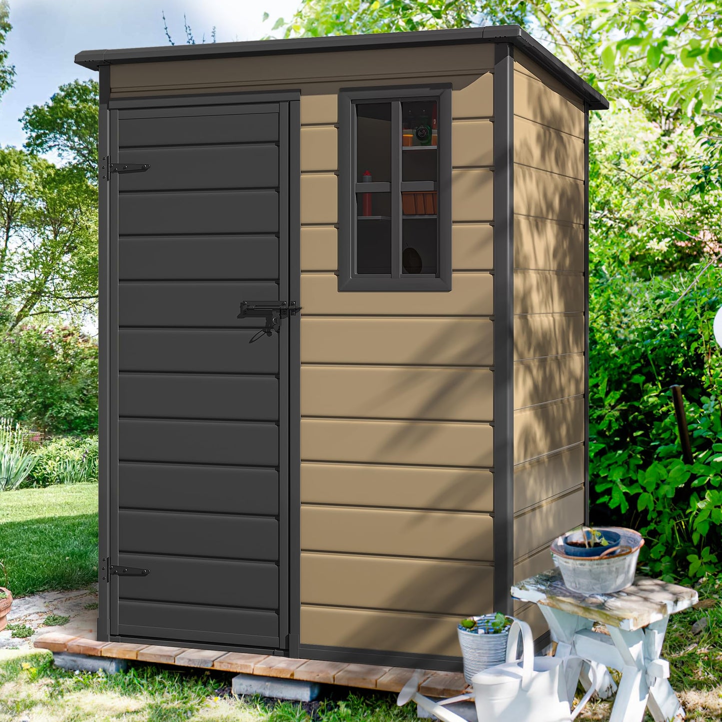 DWVO 5x3ft Resin Outdoor Storage Shed with Floor, Waterproof Lockable Storage Shed with Window, Plastic Outside Tool Storage for Garden Backyard Patio Lawn
