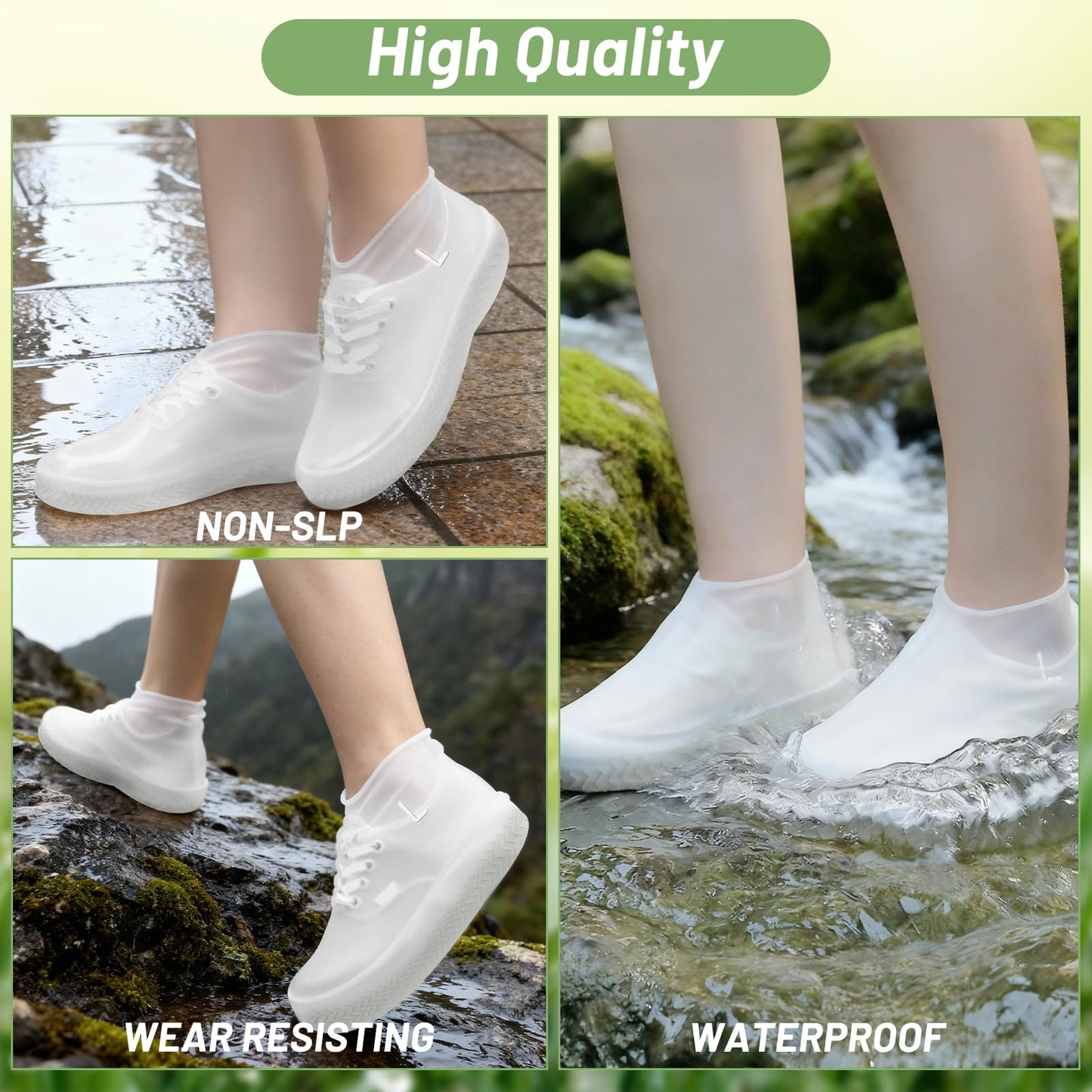 2 Pairs Shoe Covers for Rain with Storage Bag, Reusable Silicone waterproof shoe covers for Men & Women, Elastic Rain Shoe Covers for Rain, Mud, Outdoor, Garden - White (Large)