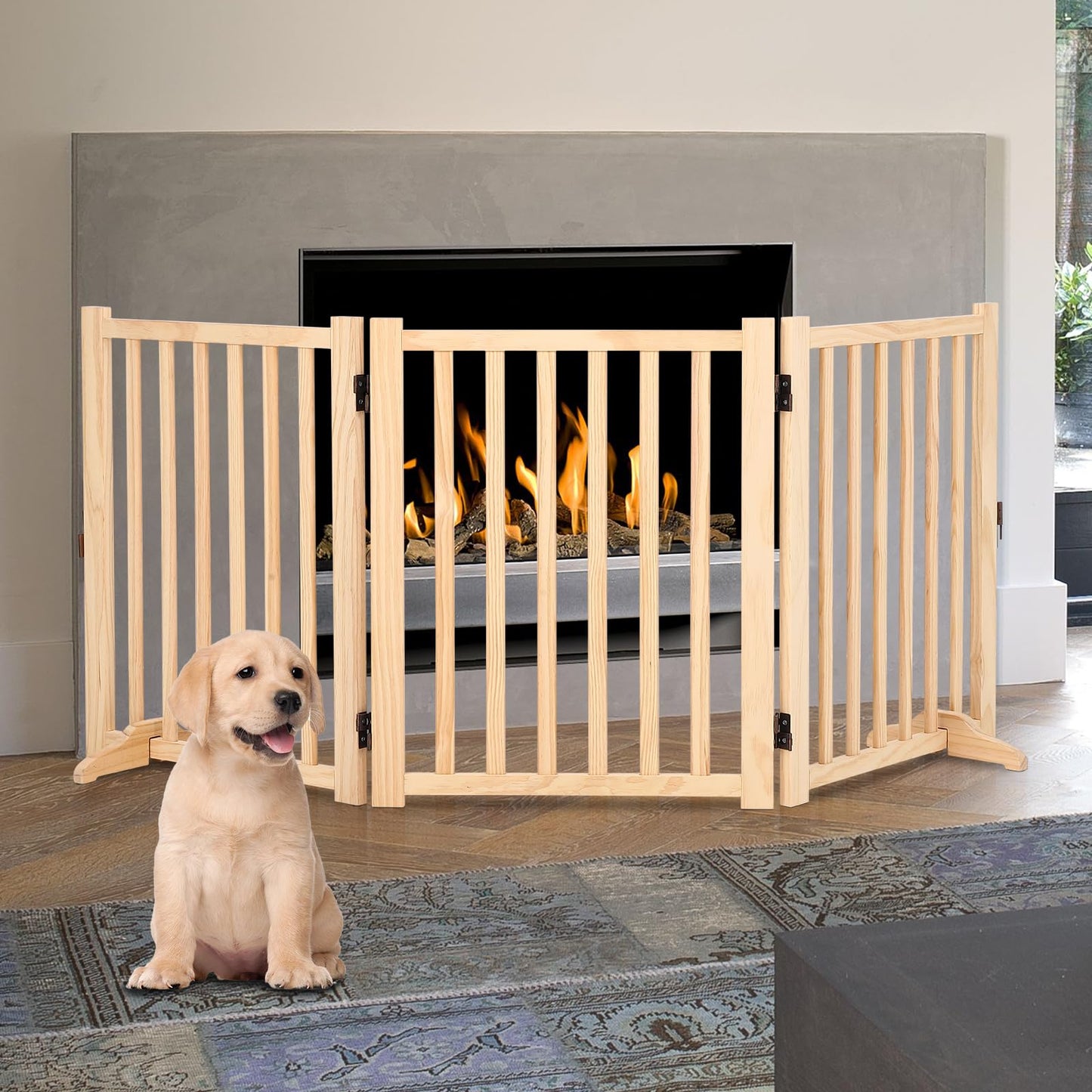 Paint-Free Wooden Freestanding Dog Gates, Wooden Indoor Dog Fence,Collapsible Wood Pet Gates for The House,Doorways, Stairs,Step Over Fence -3 Panel H:24”