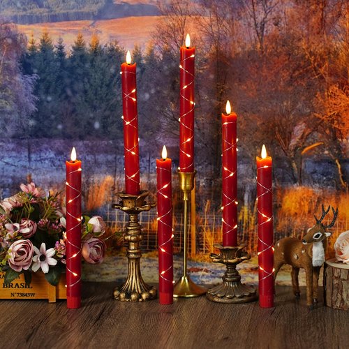 JINYANIA Flameless Taper LED Candles with Embedded Star String, Flickering Battery Operated Real Wax Candles with Remote Timer, 6pcs（0.78X9.64 Inch） for Romantic Ambiance and Home Decoration（Red）