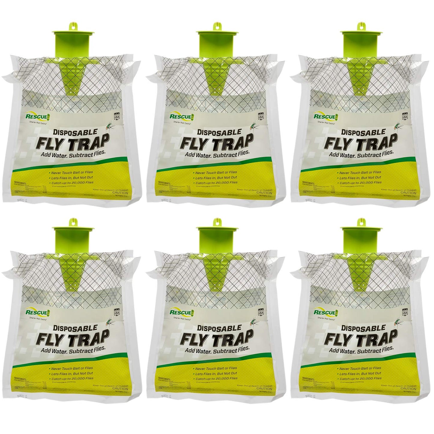 Rescue! Outdoor Disposable Fly Trap – Hanging Fly Catcher with Attractant Bait, Fly Bag for Patio, Yard, Trash & Farm Areas – Easy-to-Use Outdoor Fly Control - 6 Traps