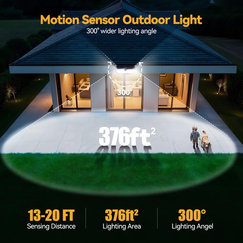 TECKNET 4200Lm 416 LED Solar Lights Outdoor Waterproof, 300° Angle & 3 Lighting Modes Motion Sensor Outdoor Lights, 2 Pack Security Solar Light IP66 for Fence Front Door Yard Deck Garden Garage