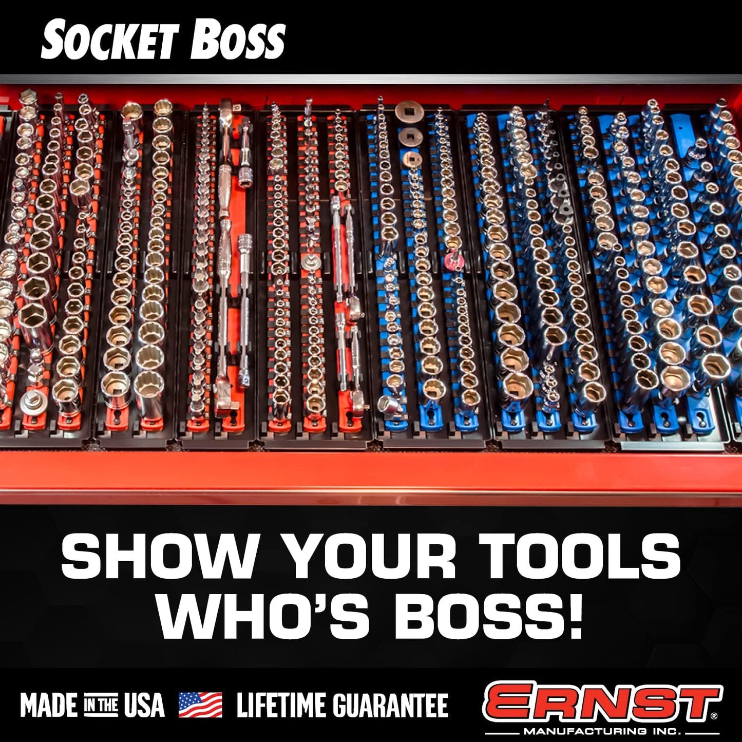 Ernst Manufacturing 19-Inch Socket Boss Organizer with Twist-Lock 2 Rails for 1/2-Inch Drive Sockets, Blue, Model 8457 – Secure and Durable Socket Storage Solution - Made in USA