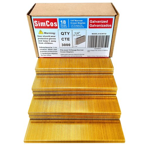 SimCos 18 Gauge 1/4" Narrow Crown Staples, Galvanized Upholstery Staples for 18 GA Pneumatic or Electric Stapler or Staple Gun (1-1/4"-3000 PCS)