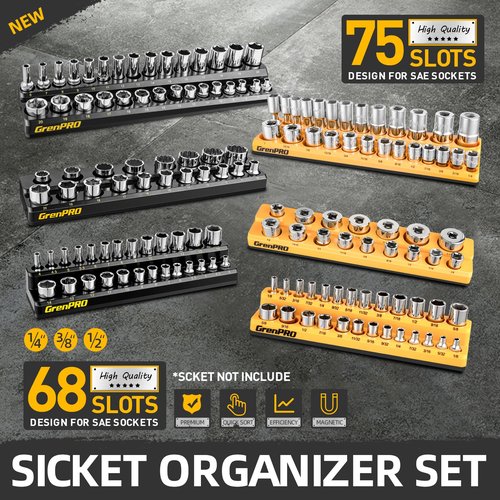 Socket Organizer for Tool Box Drawer, GRENPRO 6pc 143 Metric & SAE Magnetic Socket Holder, 1/4", 3/8", 1/2" Drive Socket Tray Set, Magnetic Socket Organizer