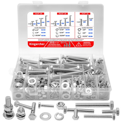 Kingarcher 252 Pcs Hex Head Nuts and Bolts Set – 1/4”-20, 5/16”-18, 3/8”-16, 304 Stainless Steel Assortment Kit with Washers and Storage Case