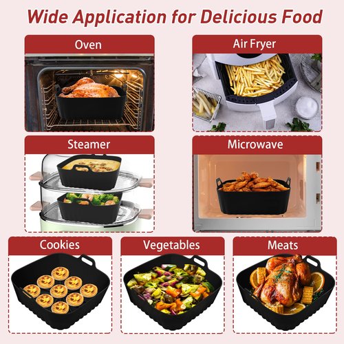 Square Silicone Air Fryer Liners, 2Pcs 9 Inch Reusable Air Fryer Pot, Airfryer Accessories, Air Fryers Inserts for 6 to 9 QT for Oven Microwave Accessories (9 Inch-Grey+Black)