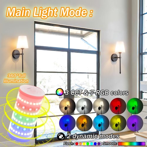 Wall Sconces Set Of Two Battery Operated, Wireless Sconces Wall Lighting Indoor Battery Operated Sconces With Remote Control, 10000mAh RGB Dimmable Rechargeable Wall Sconce For Bedroom, Including Bulb