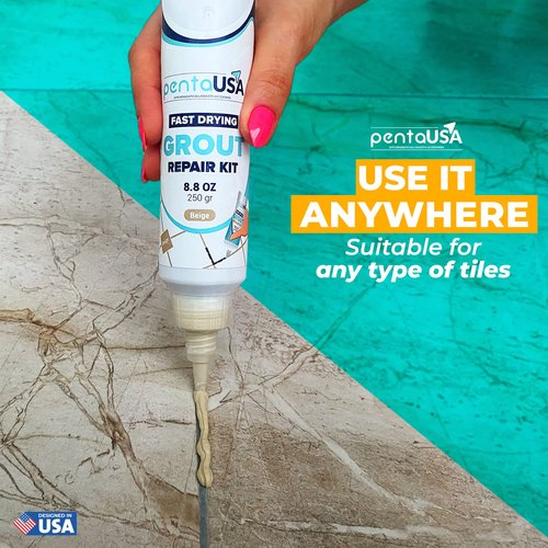 PentaUSA Tile Grout Repair Kit - Beige Filler, Triple Protection, Fast Drying Formula Restores and Renews Grout Lines With Float (8.8oz / 250gr)