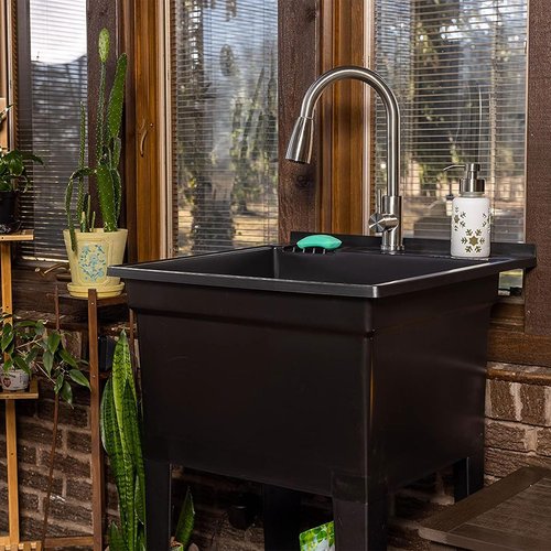 UTILITYSINKS Freestanding Utility Tub Sink with Quick Connect Drain, 24 x 24", Black - Portable and Compact Sink with Faucet for Outdoor Kitchen, Laundry Room, Garage, and Basement