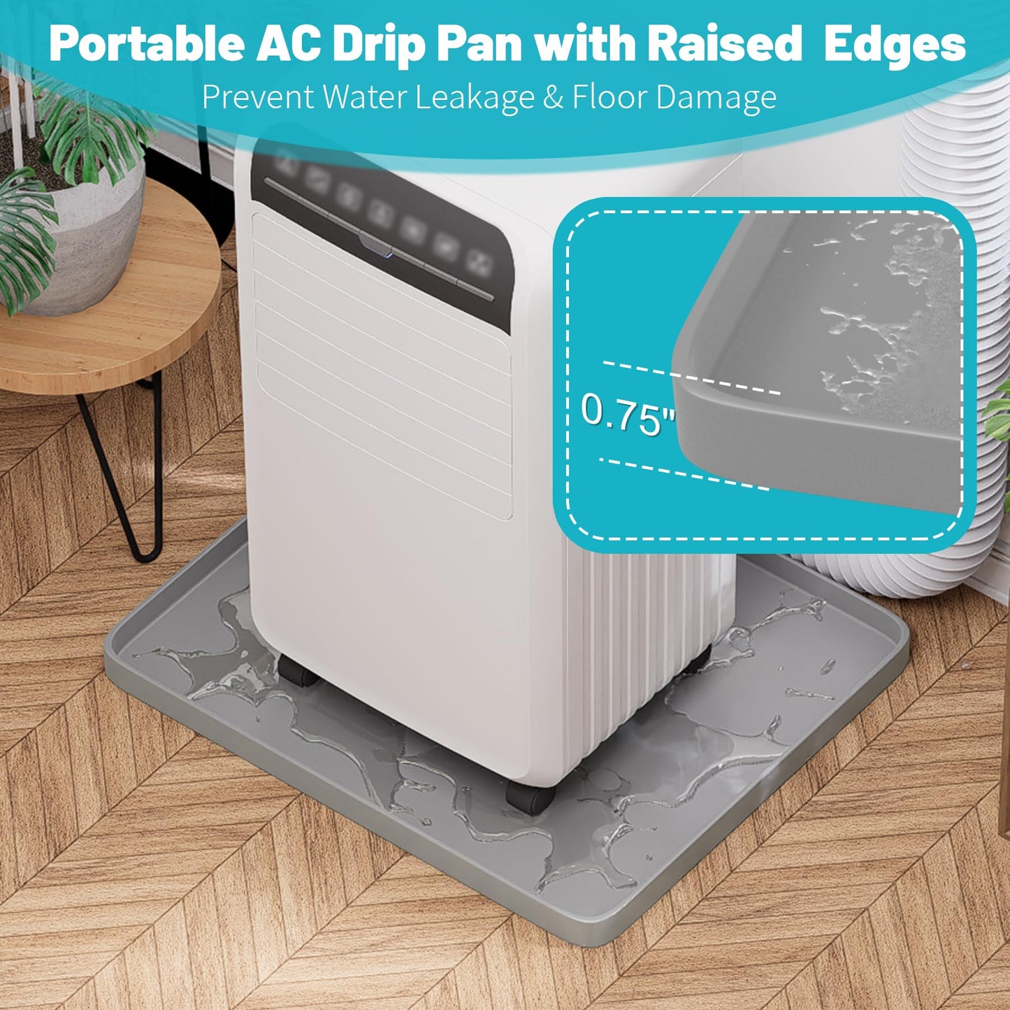Chiligent Portable Air Conditioner Drip Pan, 23.6" x 19.7" x 0.75" Non-Slip Large Drip Tray with Raised Edges, Prevent Water Leakage & Floor Damage, Portable AC Drip Pan & Mini Fridge Mat, Gray