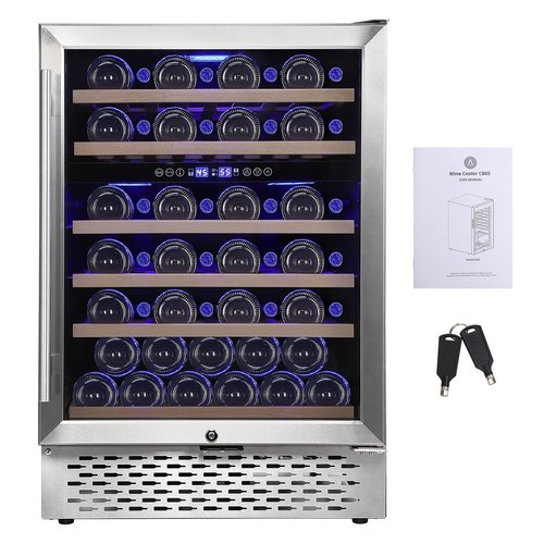 GarveeHome Wine Cooler Refrigerator 51 Bottles - Dual Zone Built-In Freestanding, Safety Lock, Seamless Stainless Steel, Triple Layer Tempered Reversible Glass Doors, 40°F-65°F for Home Bedroom