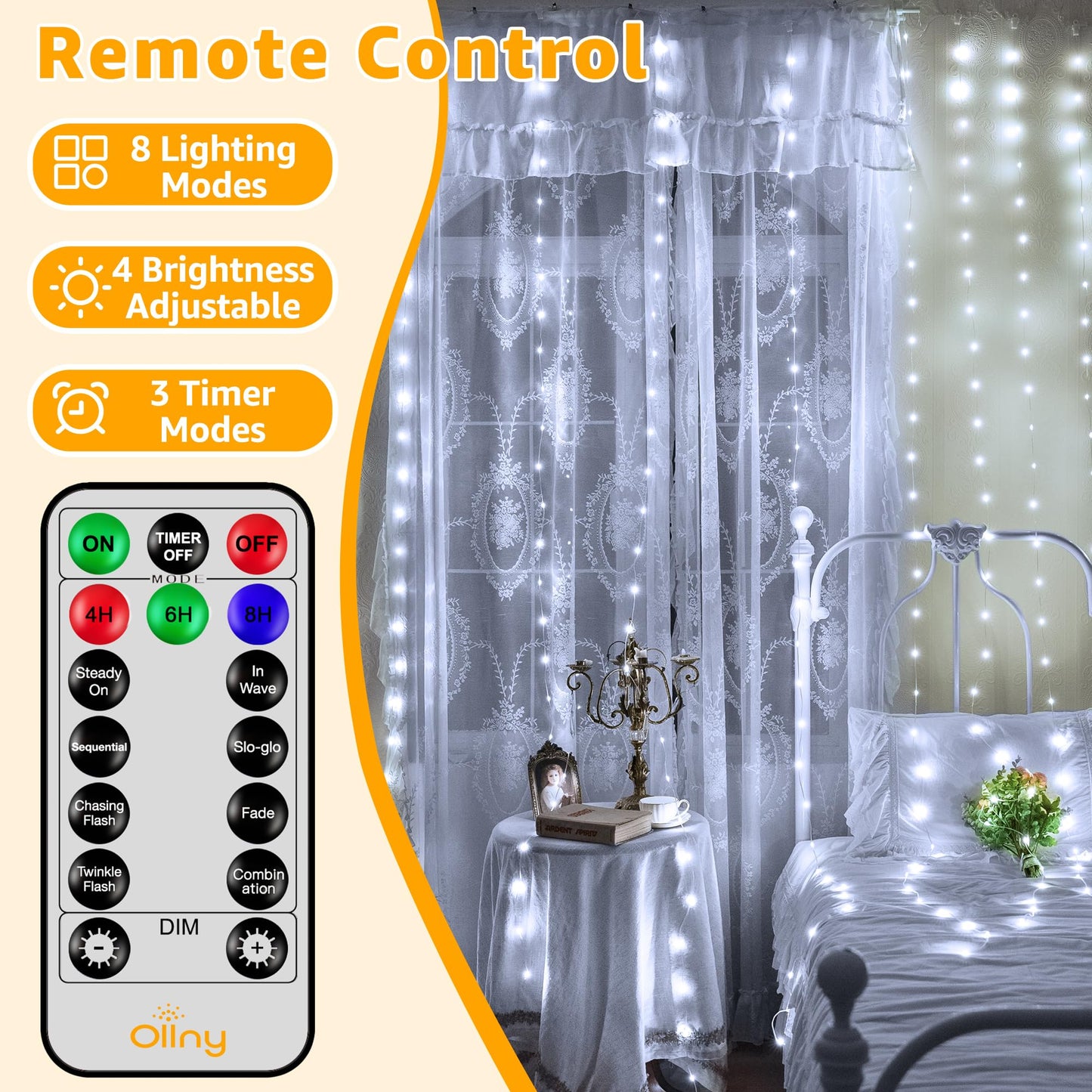 Ollny Curtain Lights 600LED 19.7ft x 9.8ft, IP67 Waterproof Outdoor Curtain Rice Lights with Remote, Plug-in Untangle Fairy Curtain Light with 8 Modes 3 Timers for Wall Backdrop Decor(Cool White)
