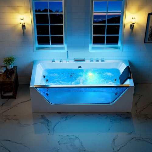 Empava 67” Whirlpool Bathtub with Chromatherapy, Hydrotherapy Jetted Bathtub with Glass Panel, 11 Jets,3-Side Apron,67 Gallons,ETL Certified, White
