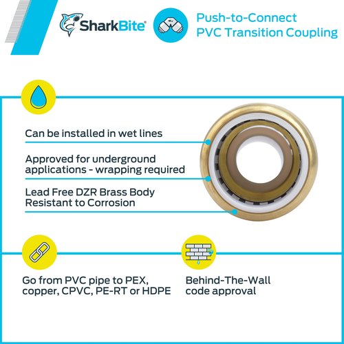 SharkBite 1 Inch CTS x 1 Inch PVC Transition Coupling, Push to Connect Brass Plumbing Fitting, PEX Pipe, Copper, CPVC, PE-RT, HDPE, UIP4020A