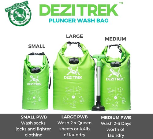 Dezitrek LARGE All in One Hand Wash Bag and Plunger Set - Off Grid Washing Machine Non Electric for Camping Travel | Eco Friendly Portable Manual Clothes Washer Laundry Bag for RV's, Apartments