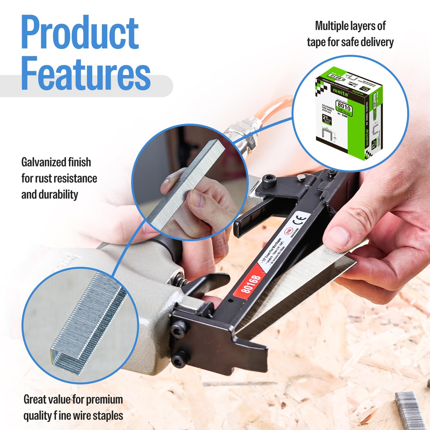 meite 21 Gauge Upholstery Staples, 1/2-Inch Crown with 3/8-Inch Length Galvanized Heavy Duty Staples for Staple Guns MT8016, MT8016S, and MT8016SLN (10,000 Counts)