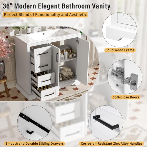 LUMISOL 36" Bathroom Vanity with Sink, Modern White Bathroom Vanity with Left Side 3 Drawers, Soft-Close Doors & Adjustable Shelf, Solid Wood Bathroom Cabinet with Ceramic Sink and Top, White