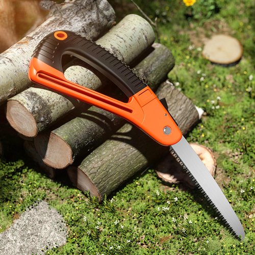 Durable Folding Pruning Saw with Safety Lock - Orange Handle for Camping, Gardening, Tree Trimming