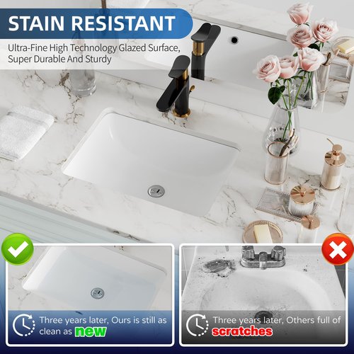 Undermount Bathroom Sink Rectangle, Hugsleek Interior Bowl Size 16 x 11 inch White Porcelain Ceramic Vessel Sink Under Counter Exterior Size 18x13in Rectangular Bath Sink Basin Lavatory Fireclay