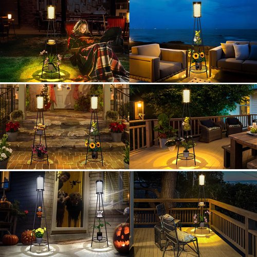 Solar Floor Lamp with Plant Stand - 2 Pack Waterproof Outdoor Lights for Garden, Pathway, Patio - Solar Powered Metal Stake Lanterns for Yard, Porch, Balcony, Backyard (Warm White)