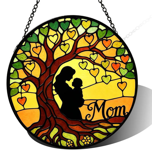 Nacome Tree Stained Glass Window Hanging: Mothers Birthday Day Gifts for Mom Women Grandma - Colorful Sun Catchers Tree of Heart Glass Panel Suncatcher for Indoor Outdoor Decor(6.3in)