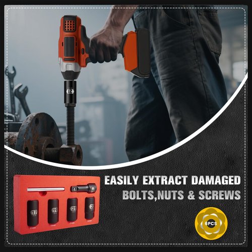 6-Piece 1/2" Drive Impact Bolt Extractor Set, Easy Out Stripped Lug Nut Removal Tool for Broken, Rusted, Rounded, Damaged Nuts & Screws, Twist Designed, with foam box, Extension Bar, Knockout Pin