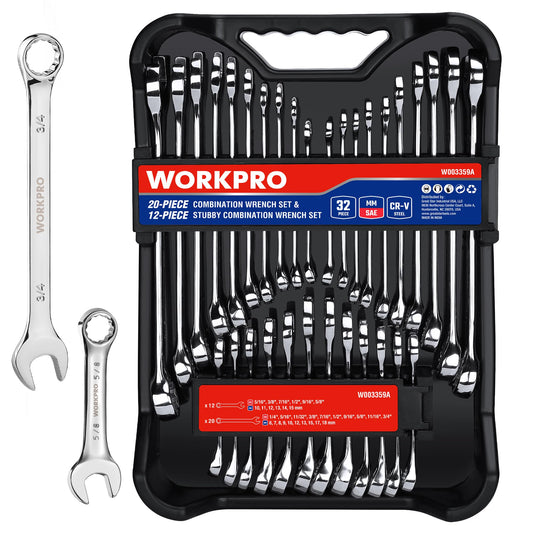 WORKPRO 32-Piece SAE & Metric Combination Wrenches Set, 20-Piece Standard wrenches and 12-Piece Stubby Wrenches with Organizer Tray, Cr-V Steel Mirror Chrome Polished